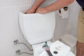 Plumber installing a comfort height toilet